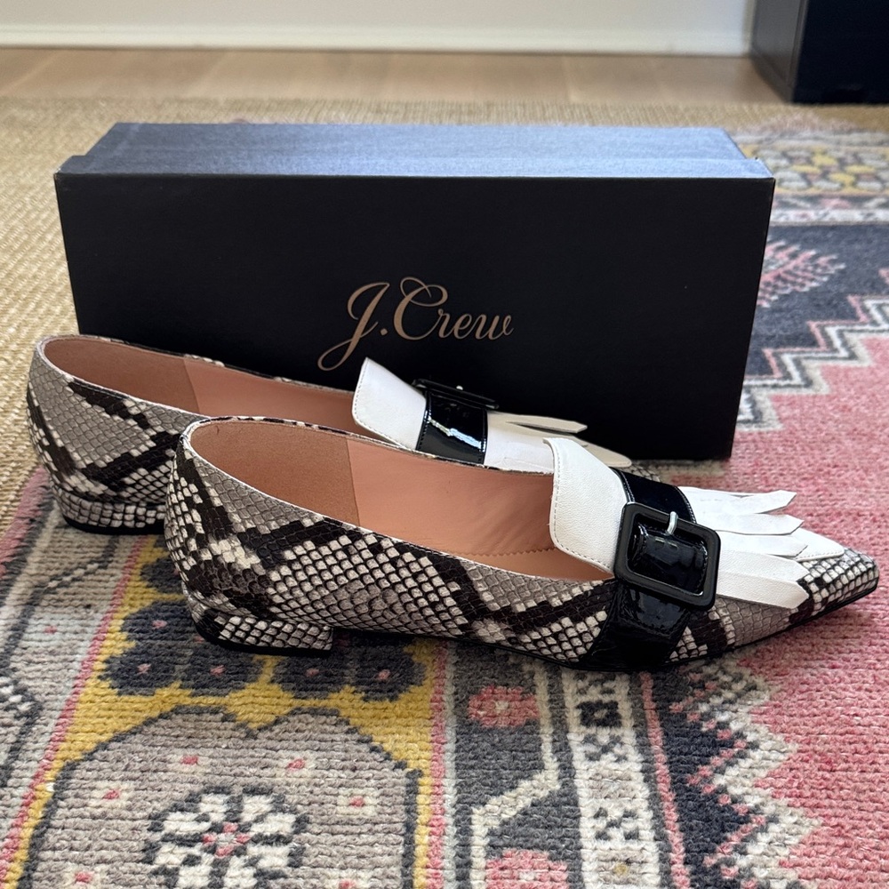 J. Crew Kiltie Snakeskin and Cream Loafers with Black Detail - Picture 4 of 7